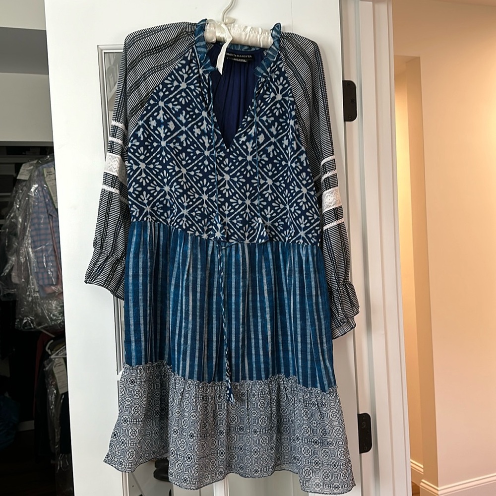 HEMANT & NANDITA Blue and White Patterned Mini Dress